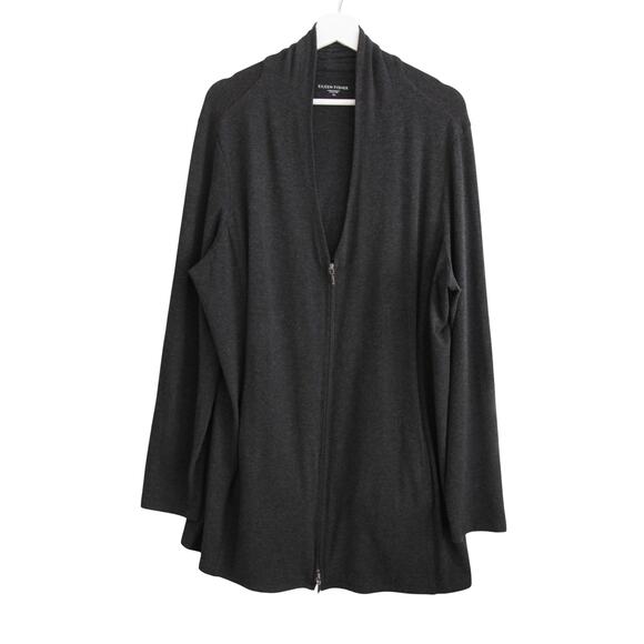 Eileen Fisher Gray Stretch Jersey Zip Front Long Sweater Jacket XL - Picture 1 of 5